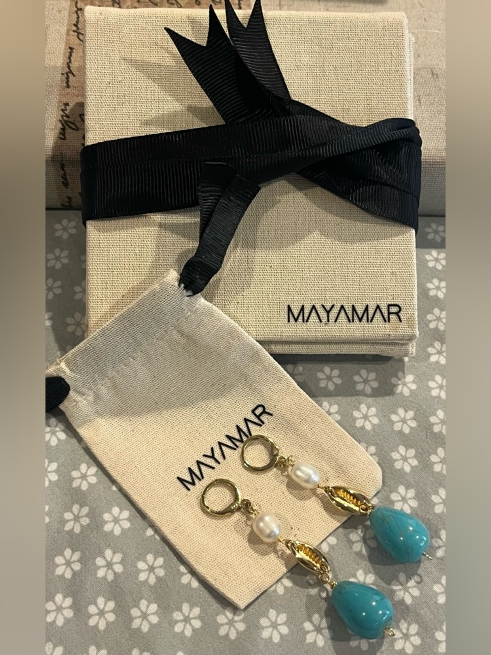 MAYAMAR 24k gold plated Sea Shell,Pearl & Turquoise Drop Earrings new  with box
